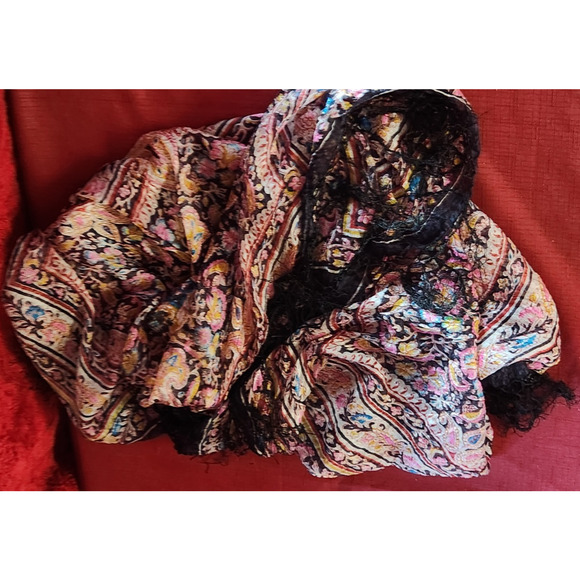 Multicolor Floral SCARF with Black Artistic Fringe 39" Square - Picture 3 of 4